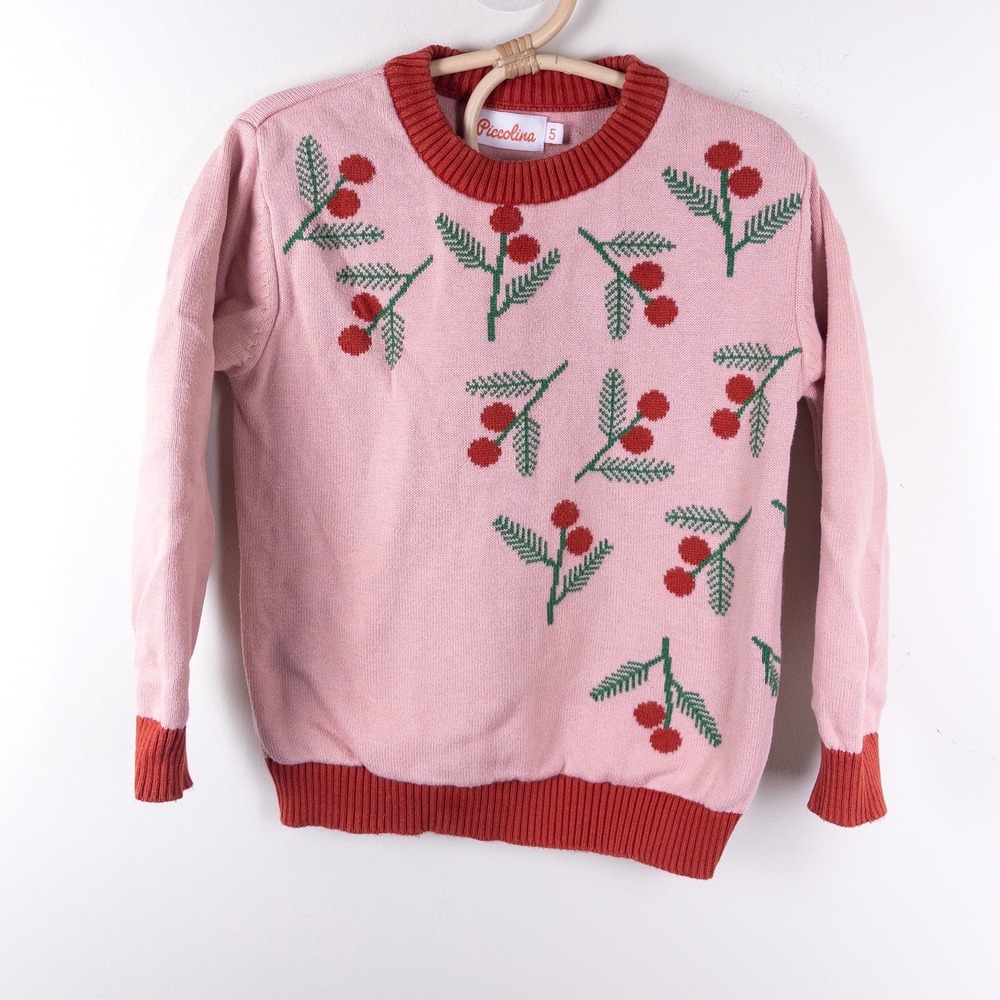 Piccolina Berry Botanical Sweater Kids 5 Pink Red Green Cotton Knit Pullover